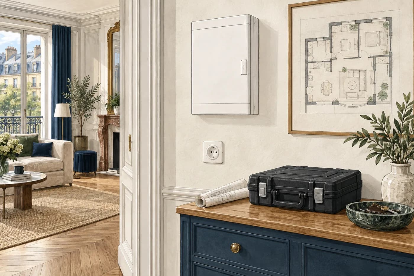 Illustration d’un tableau électrique fermé, d’une prise et d’un dossier de contrôle.