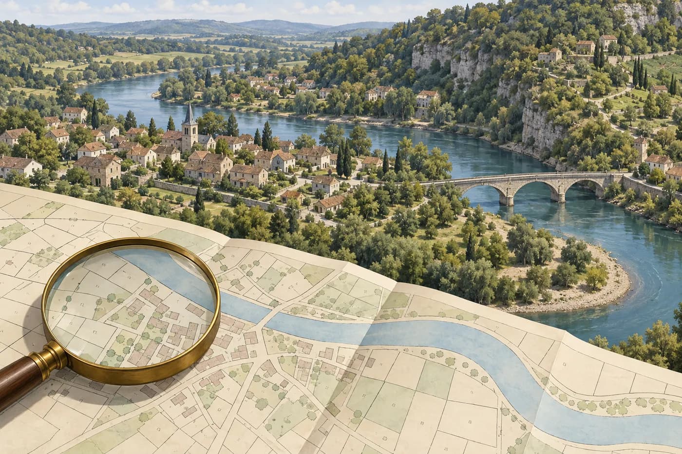Illustration d’un quartier fictif près d’une rivière et d’un plan parcellaire.