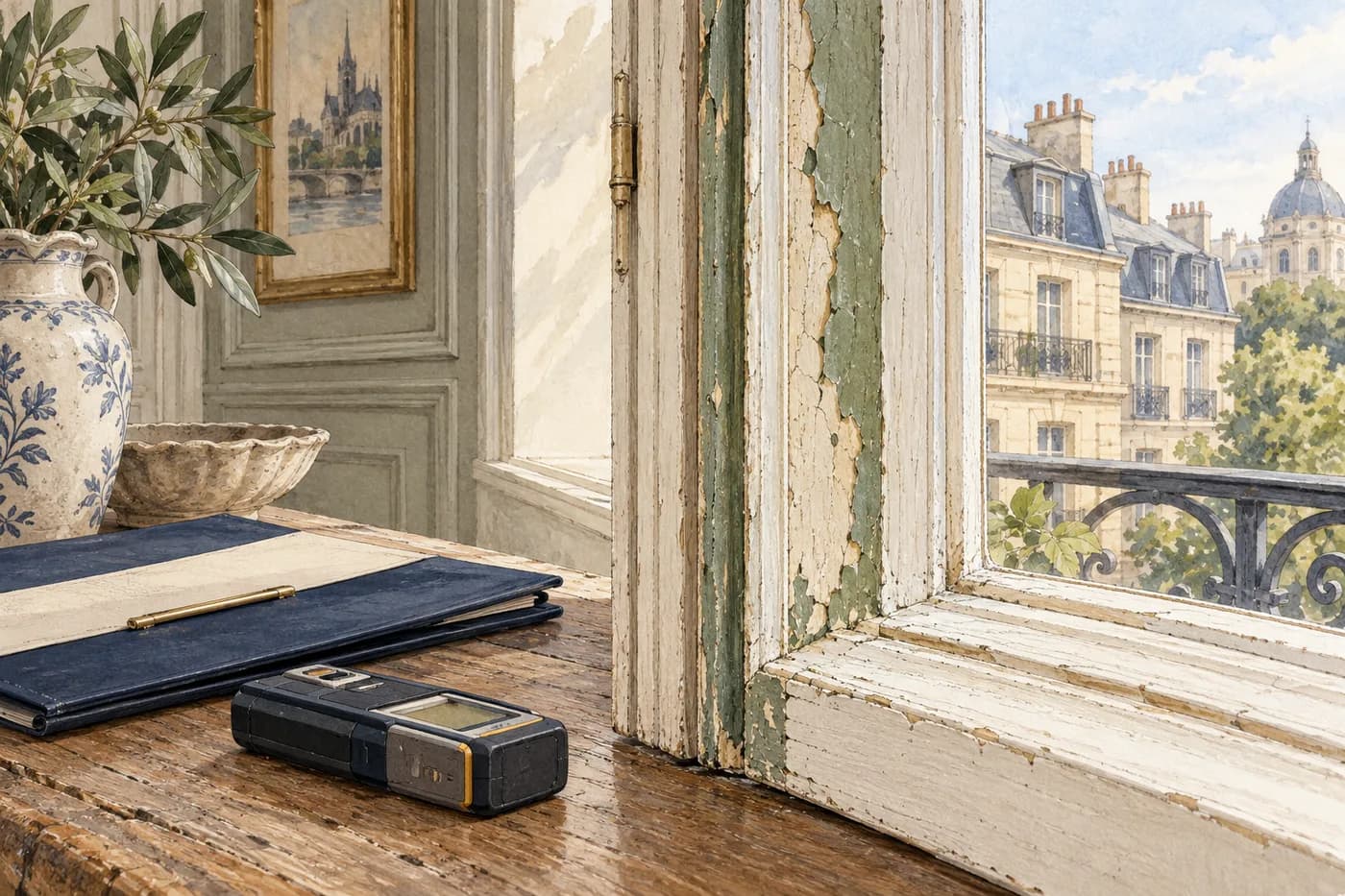 Illustration d’une menuiserie ancienne présentant plusieurs couches de peinture.