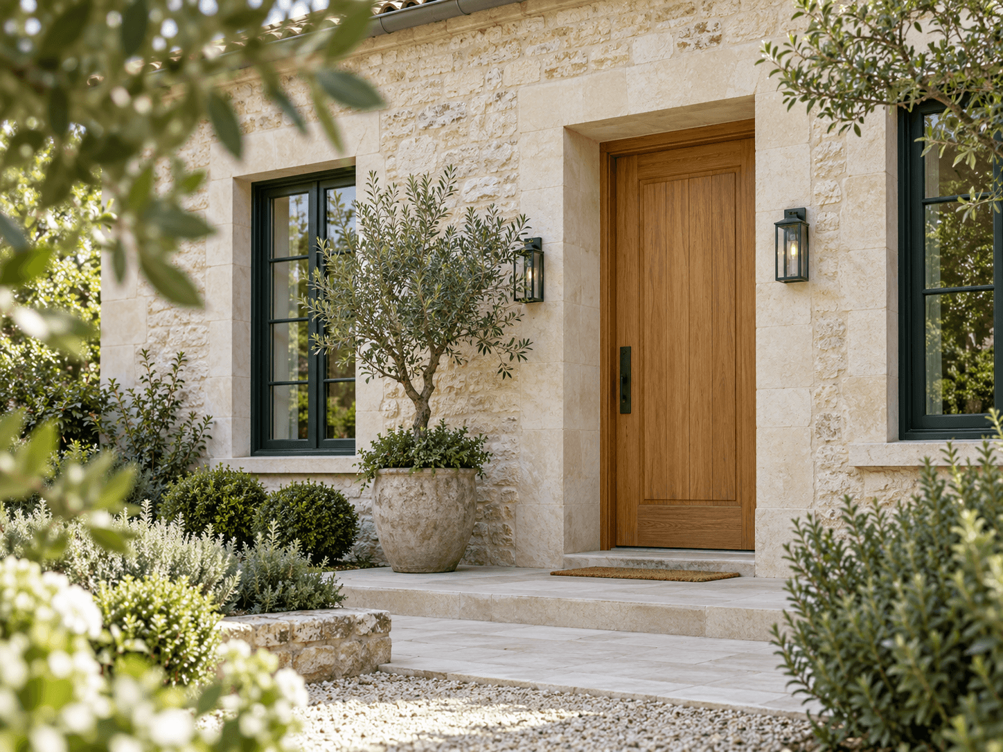 Entrée d’une maison en pierre claire, entourée de végétation