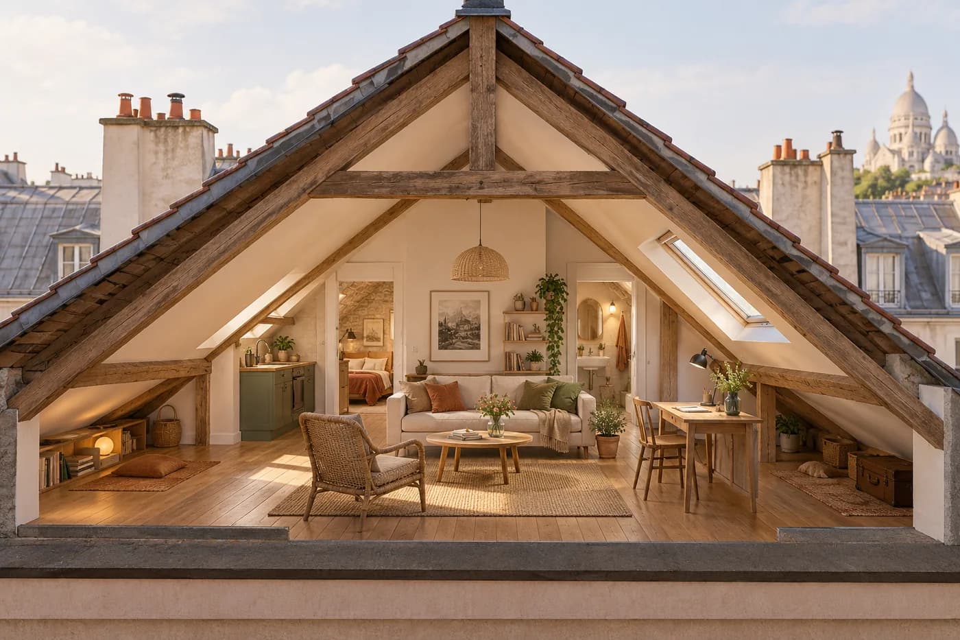 Illustration d’un logement sous toiture avec des espaces de différentes hauteurs.