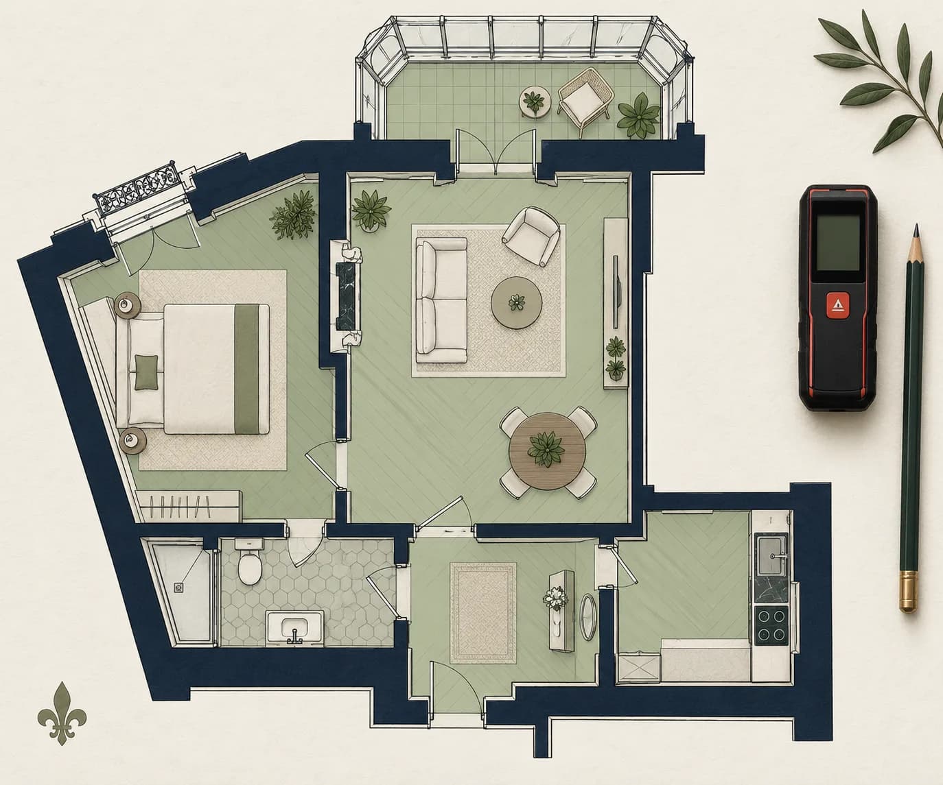Illustration d’un plan d’appartement avec ses cloisons et d’un appareil de mesure.