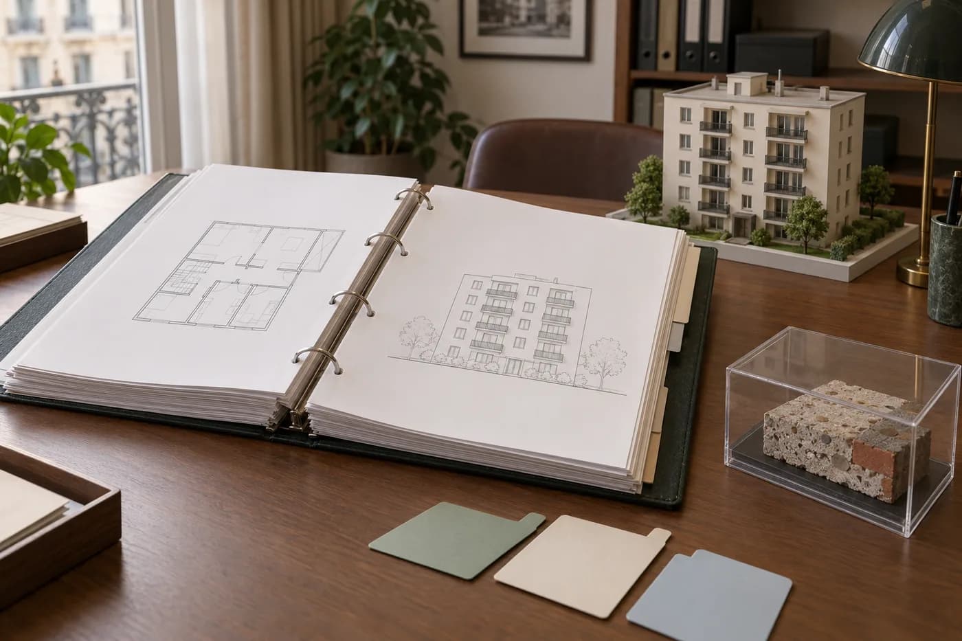 Illustration d’un dossier de suivi du bâtiment et d’une maquette d’immeuble.
