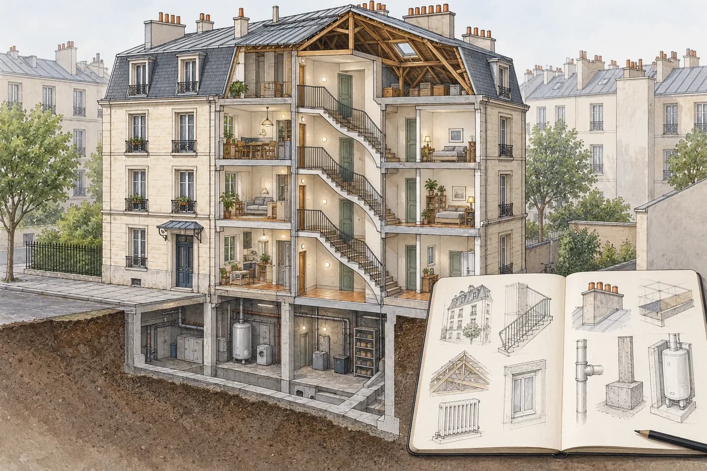 Illustration en coupe d’un immeuble collectif et de ses espaces communs.