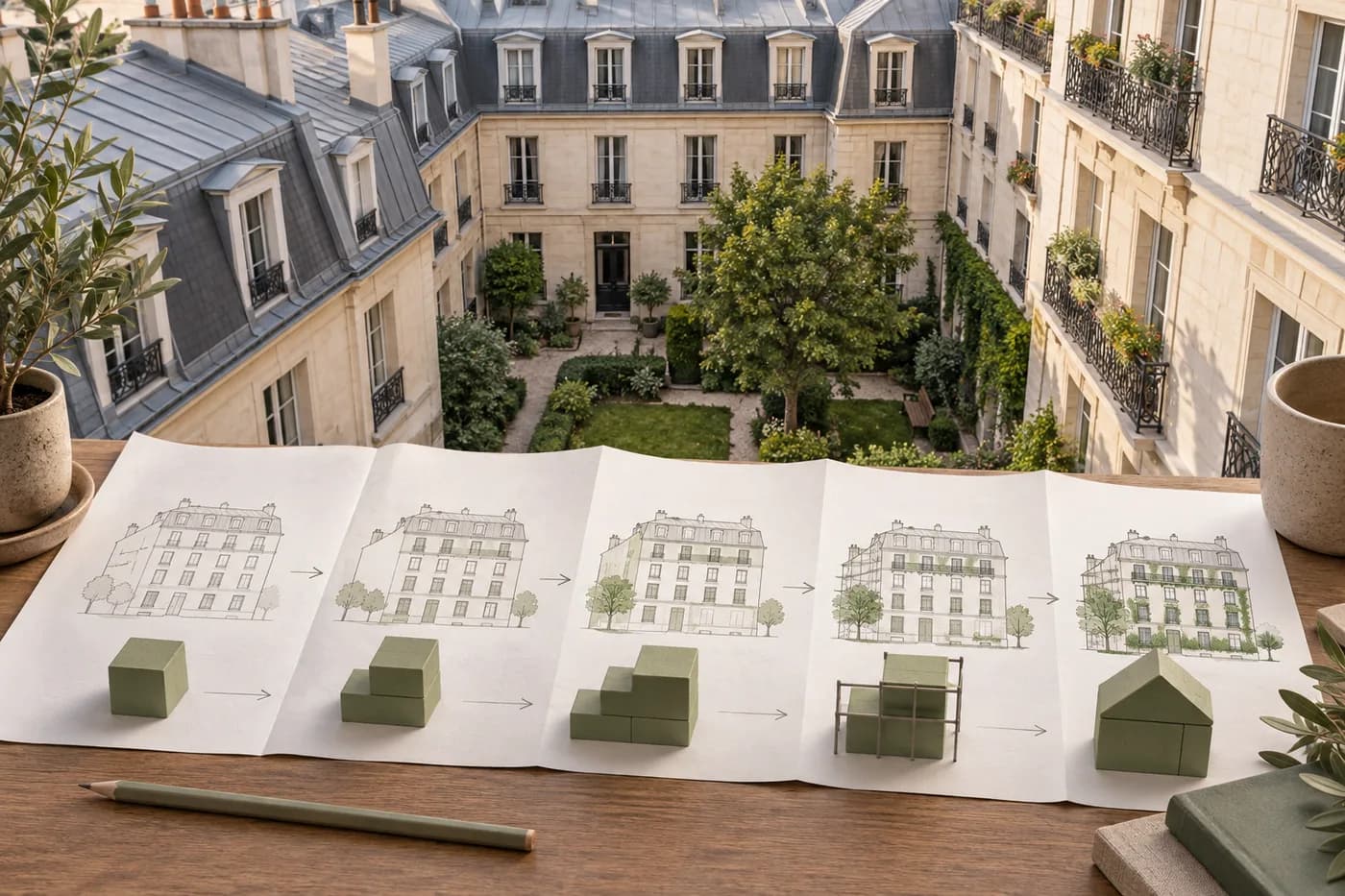 Illustration d’une copropriété et de documents préparant un programme de travaux.