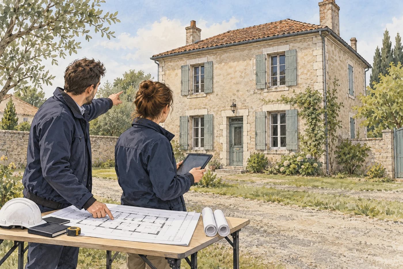 Deux professionnels préparent le repérage à partir de plans devant un bâtiment encore intact.
